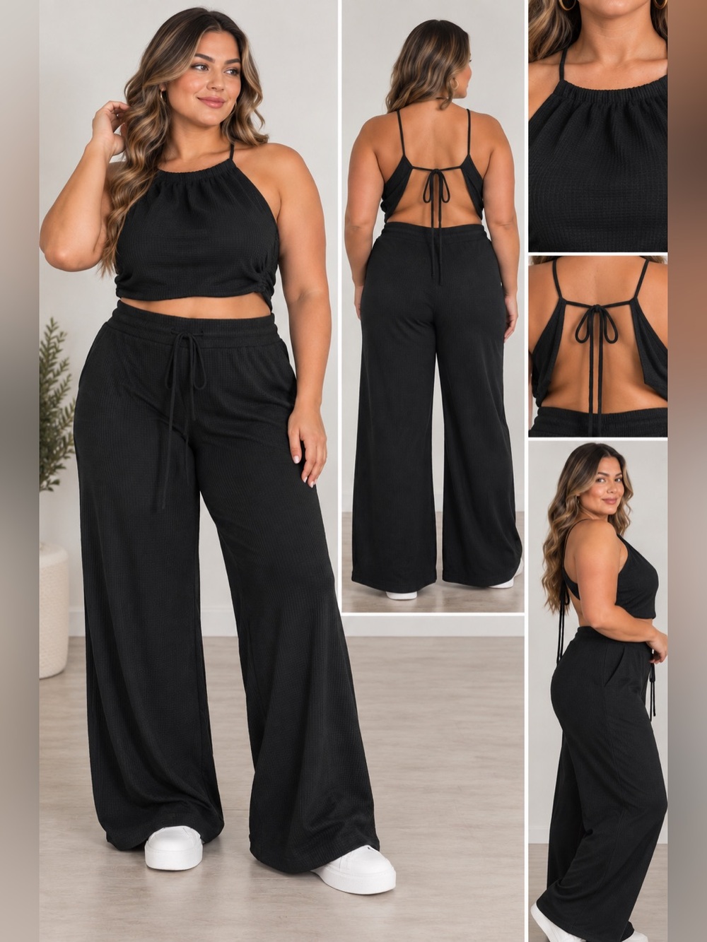 Large Size Black Ribbed Halter Crop Top & Wide Leg Pants Set